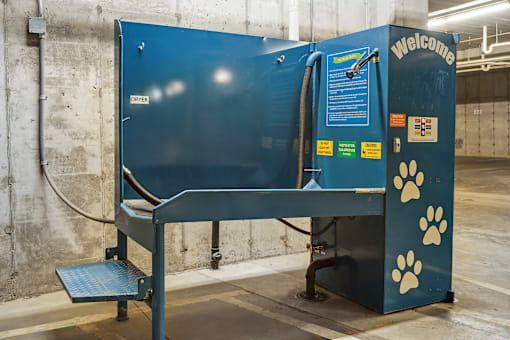 A blue booth with a sign that says