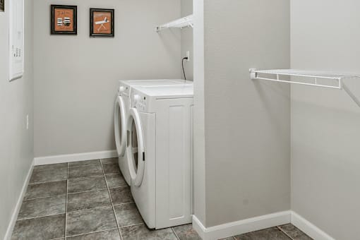 A white washing machine in a laundry room.