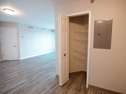 a bedroom with a closet and an open door