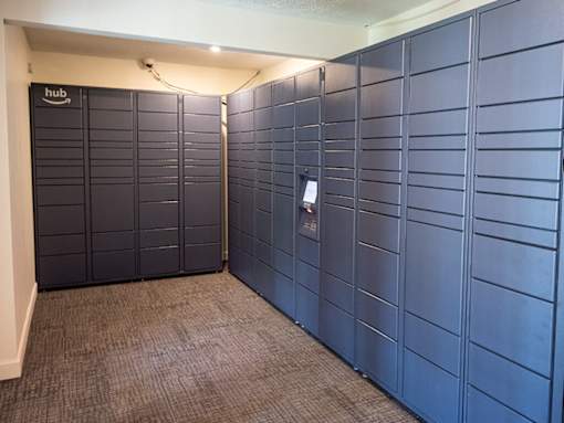 A room with a carpeted floor and a row of lockers on the wall.