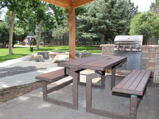 a picnic table with a grill in a park