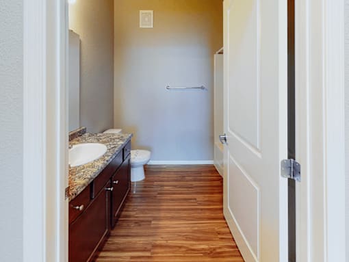 A bathroom with a toilet, sink, and wooden floors.