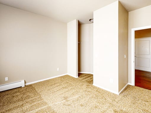 A room with a carpeted floor and a doorway leading to another room.