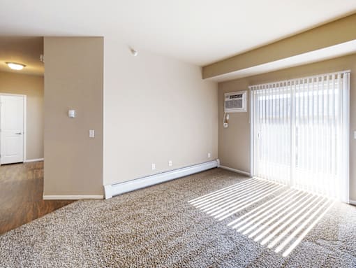 A room with a carpeted floor and a window with blinds.