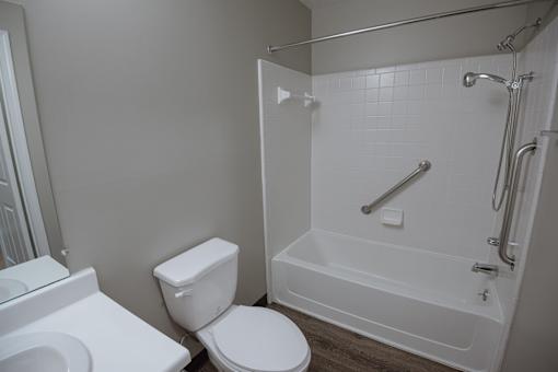 A white toilet sits next to a bathtub in a bathroom.