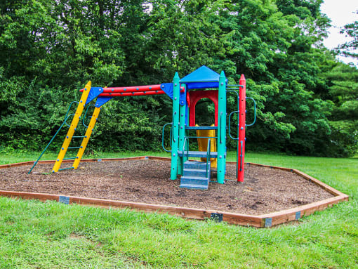 a playground with a colorful swing set in a park