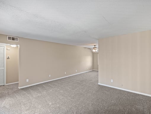 an empty living room with carpet and a door to a closet
