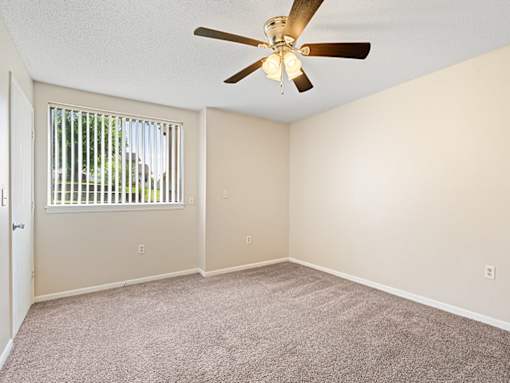 A room with a ceiling fan and carpeted floor.