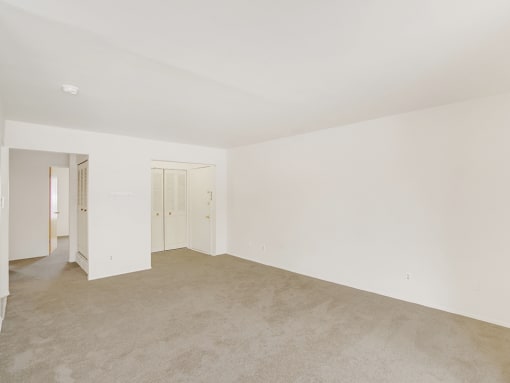 a bedroom with a carpeted floor and white walls