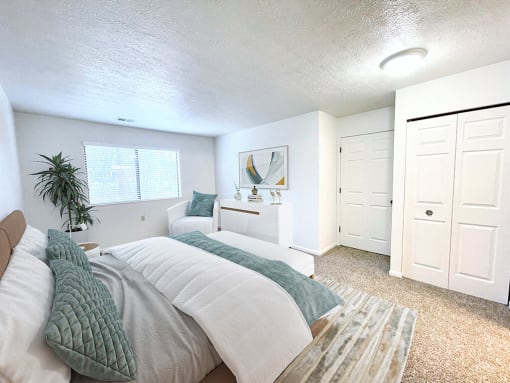 a bedroom with a bed and a closet