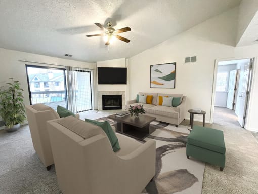 a living room with furniture and a ceiling fan
