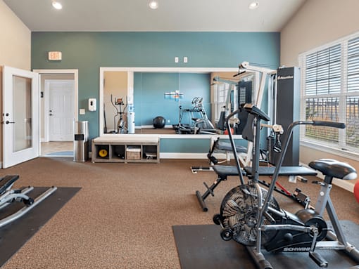 A gym with a variety of equipment including a treadmill, stationary bike, and weight bench.