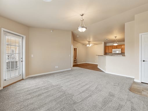 A spacious living room with a grey carpet and a white door.