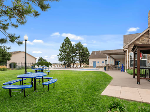 Picnic tables are blue and green in a grassy area.