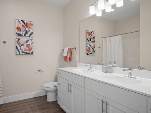 A bathroom with a toilet, sink, and mirror.