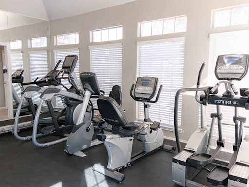 A row of treadmills and elliptical machines in a gym.