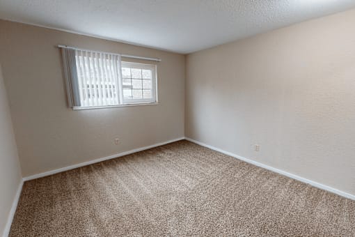 A room with a carpeted floor and a window with blinds.