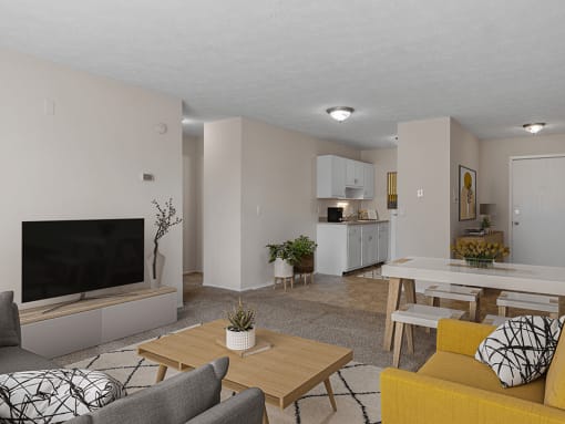 a living room with white walls and a large flat screen tv on the wall