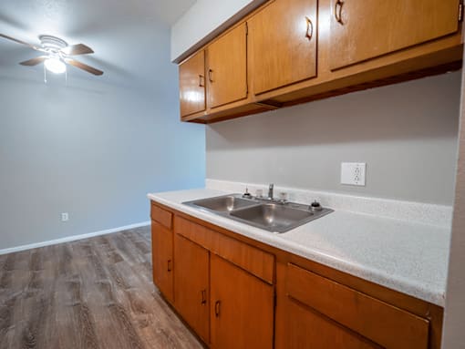 A kitchen with a sink and a ceiling fan.