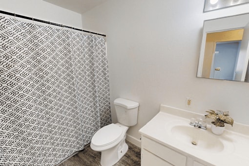 A white toilet sits next to a sink in a bathroom.