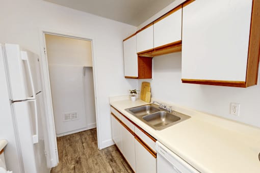 A kitchen with a white fridge, white countertop, and white walls.