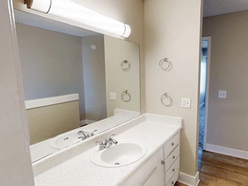 A bathroom with a white sink and mirror.