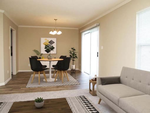 a living room with a table and a couch