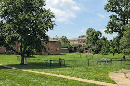 A green grassy field with a fence and a building in the background.