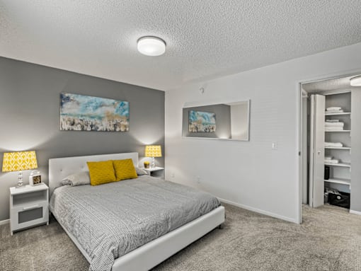 a bedroom with a bed and a closet
