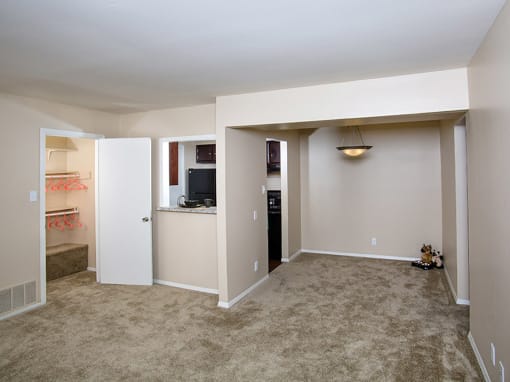kitchen with pantry area and attached living room