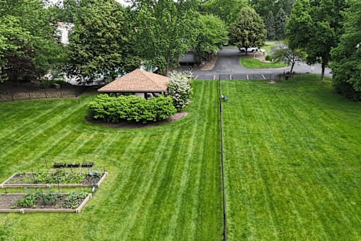 A green lawn with a garden and a hut in the middle.