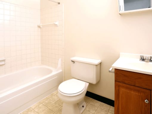 A white toilet sits next to a bathtub in a bathroom.