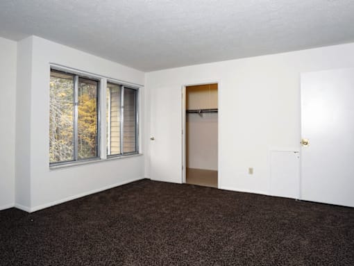 A room with a brown carpet and a white door.