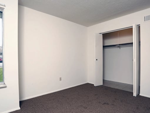 A room with a white wall and a brown carpet.