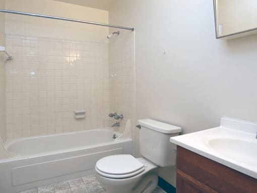 A white toilet sits next to a bathtub in a bathroom.