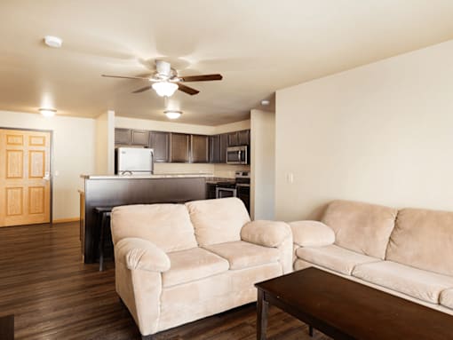 A living room with a couch and a ceiling fan.