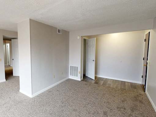 A room with white walls and carpeted floor.