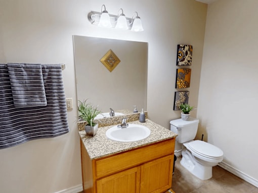 A bathroom with a toilet, sink, mirror, and a plant.