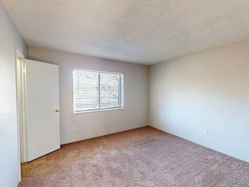 A room with a carpeted floor and a window with blinds.