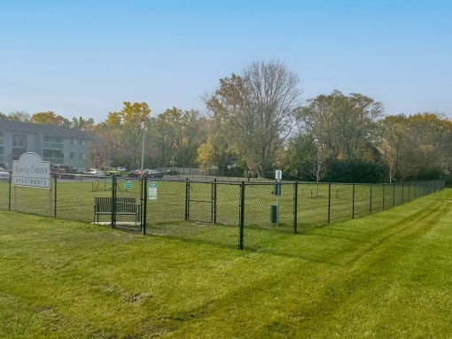 a chain link fence in a field with grass