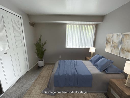 a rendering of a bedroom with a bed and a window