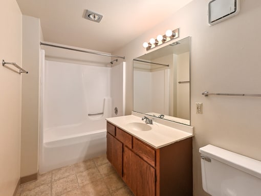 Large full bathroom with large mirror