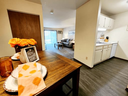 spacious apartment with dining room and kitchen