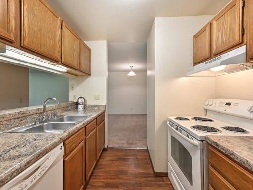 spacious galleys style kitchen at river's edge apartments
