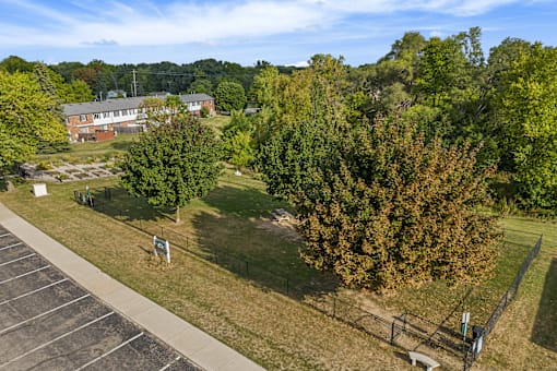 Aerial view of fenced dog park.