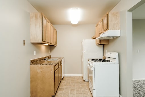 A kitchen with a white fridge and wooden cabinets.