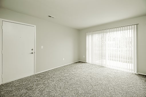 A room with a carpeted floor, a door, and a window with blinds.