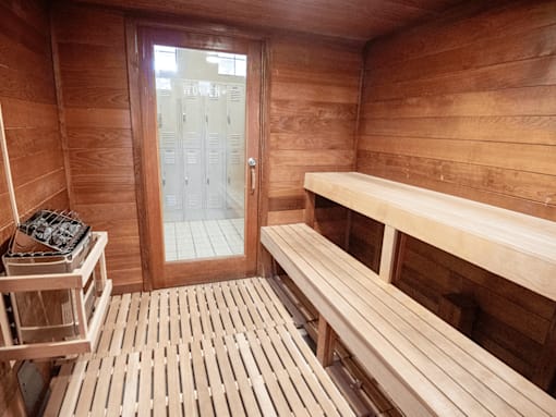 A wooden sauna with benches and a door.