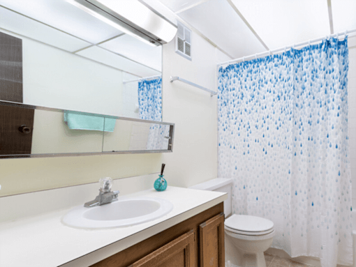 A white sink with a blue soap and a blue toothbrush in a bathroom with a white toilet and a shower curtain with blue dots.