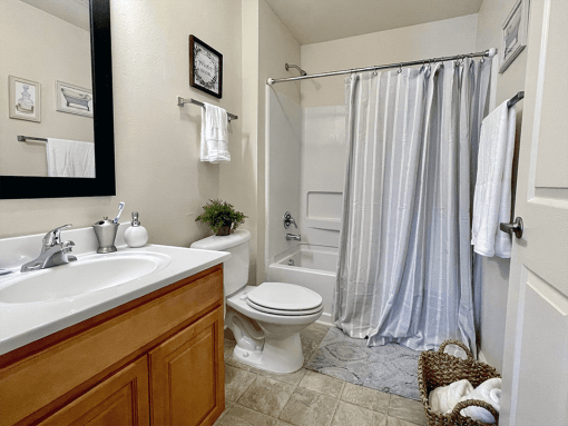 full bathroom with tub and under the sink storage
